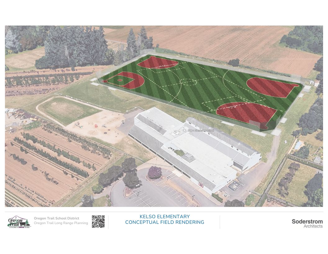 A rendering of turf ball fields at Kelso Elementary, featuring baseball/softball fields with a soccer layout superimposed.